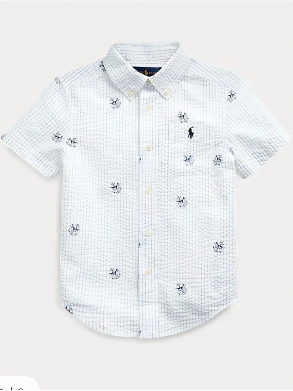Ralph Lauren White Short-Sleeve Seersucker Button-Down with Navy Pony Embroidery